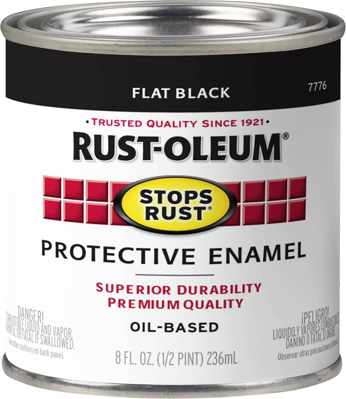 Flat black Rust-Oleum Stops Rust protective enamel paint can, 8 fl oz (1/2 pint)