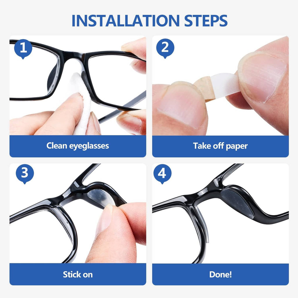 Installation steps for self-adhesive anti-slip nose pads on eyeglass frames