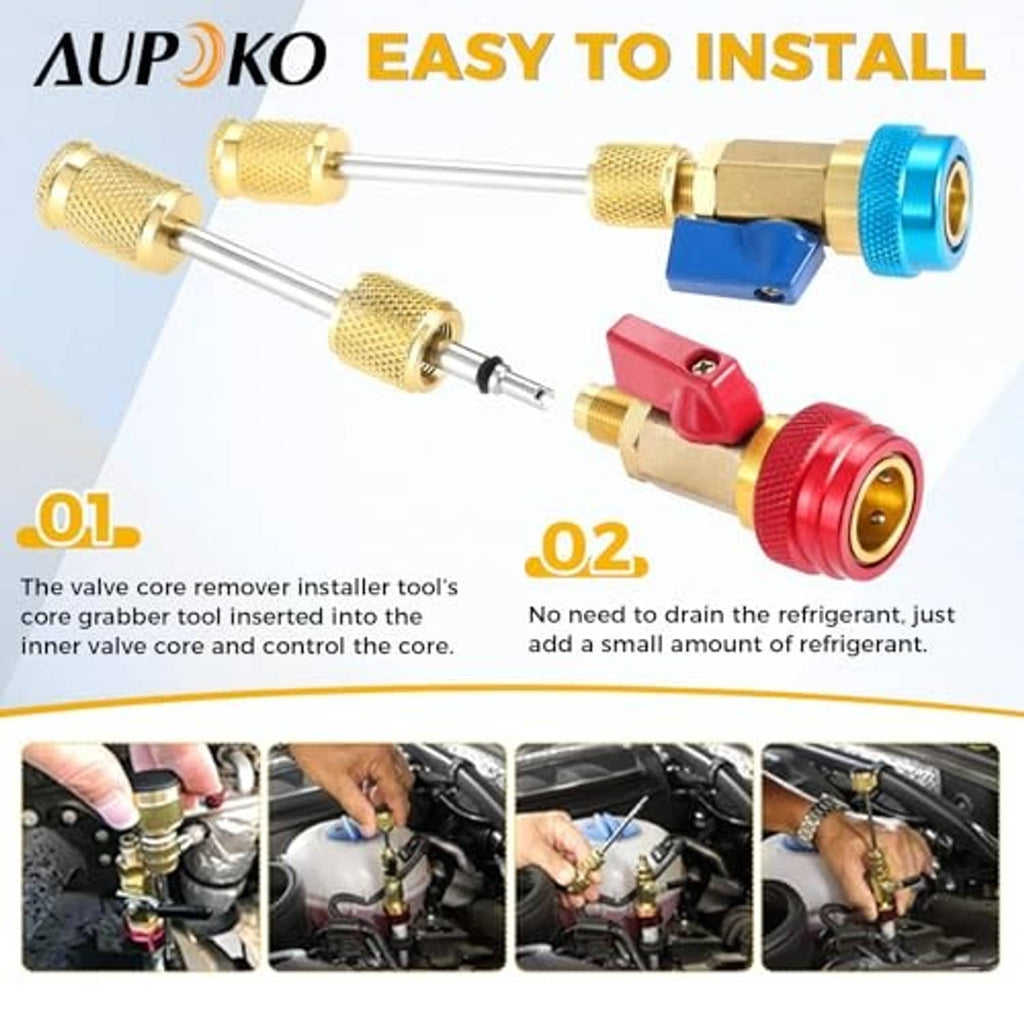 R134A valve core quick remover installer with long rod, red and blue couplers