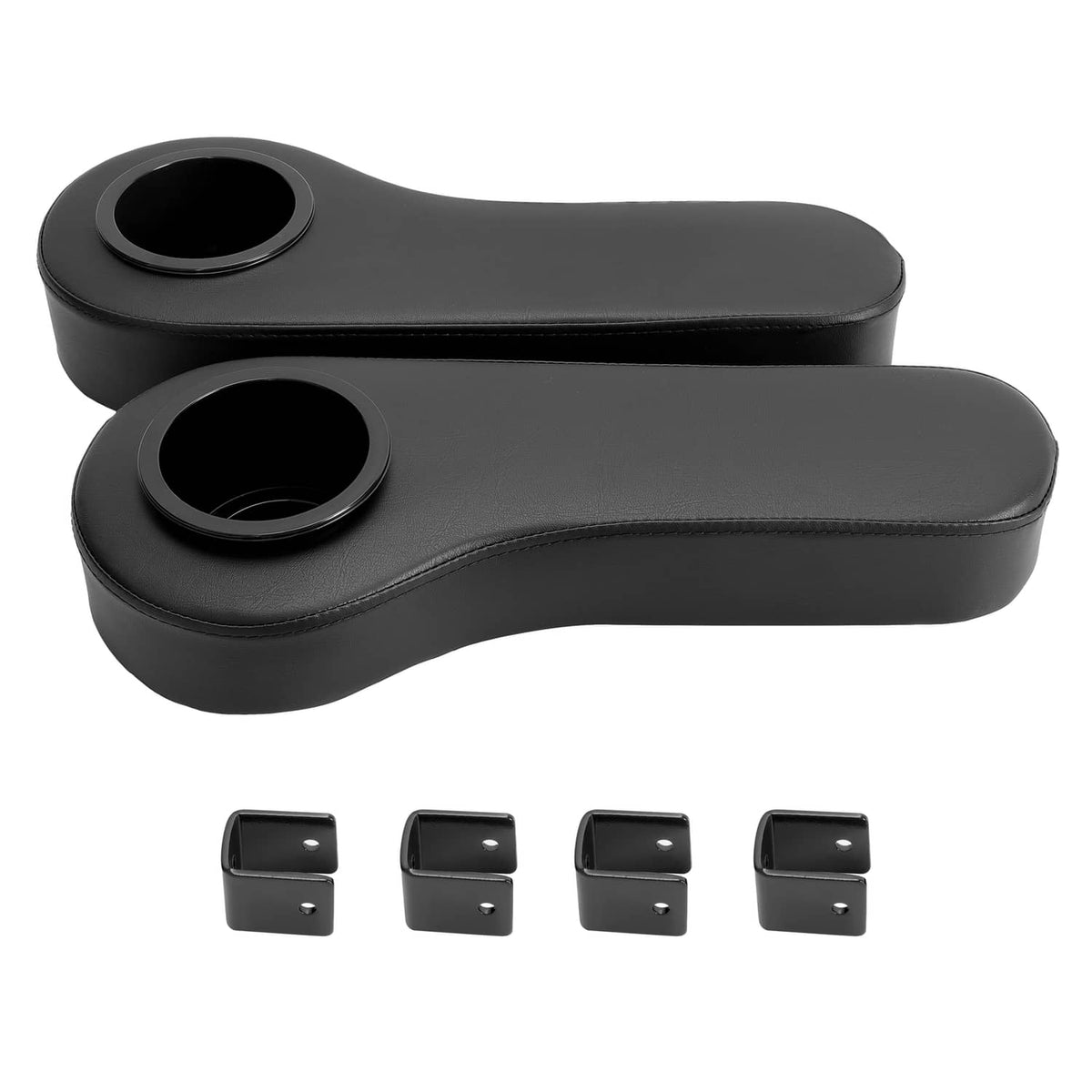 Golf cart rear arm rest pair with two round cup holders, black leather-look