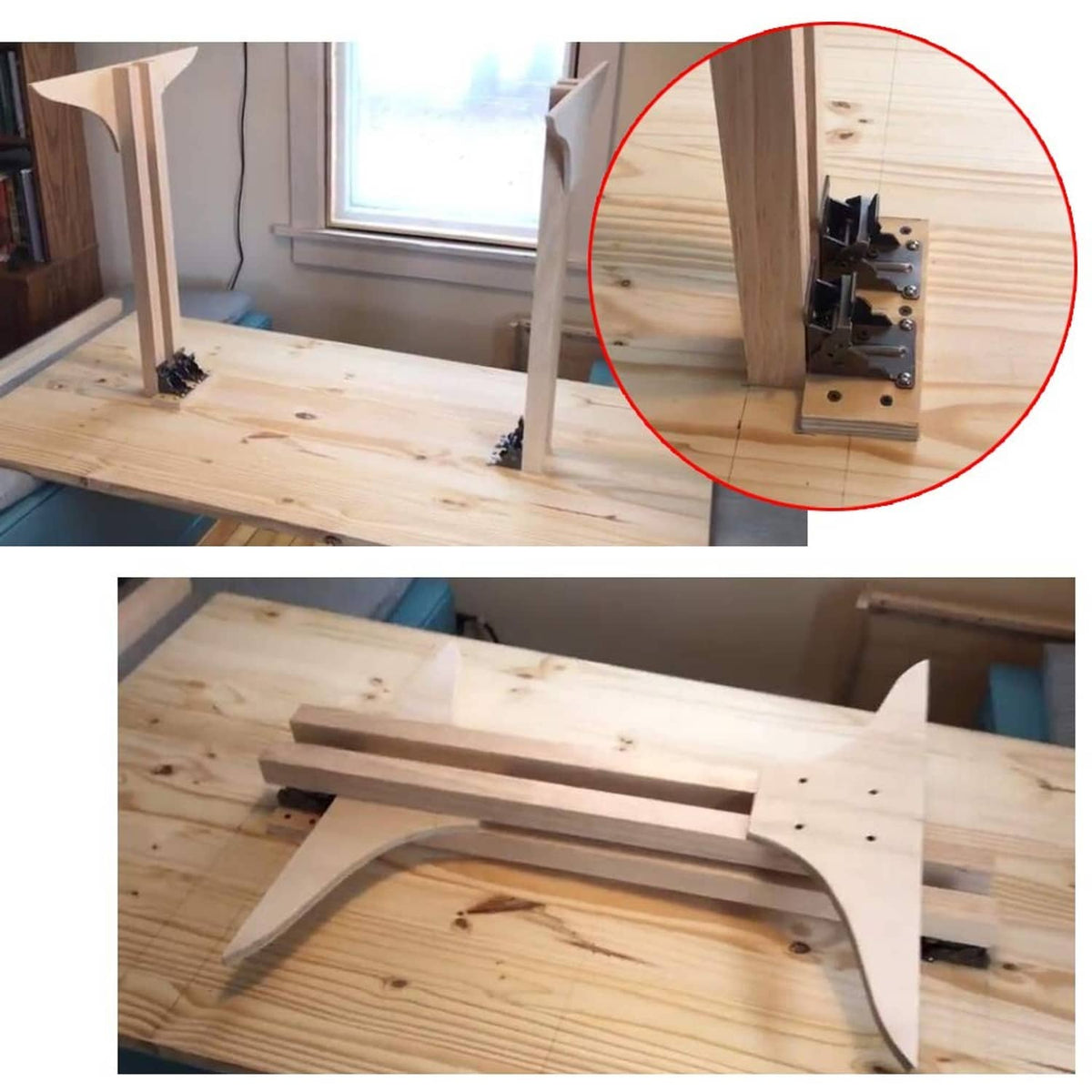 Table leg hinge bracket mounted to plywood, showing installed dark metal latch hardware