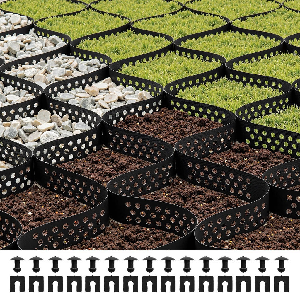 Ground grid geocells filled with gravel, soil, and grass, showing raised circular compartments