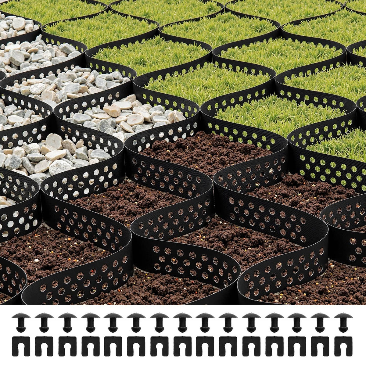 Ground grid geocells filled with gravel, soil, and grass, showing raised circular compartments