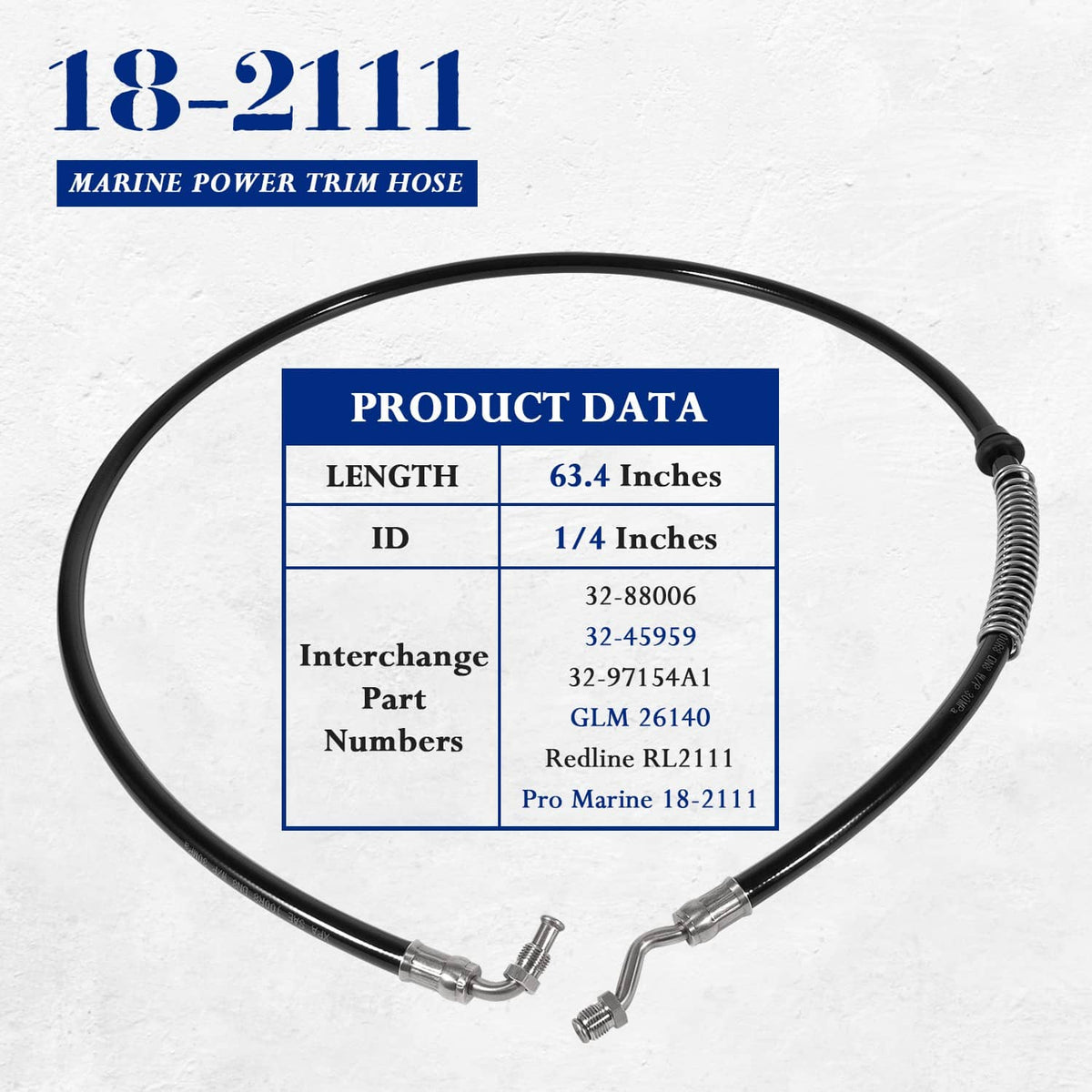 Marine power trim hose with coiled spring section and chrome-like metal fittings