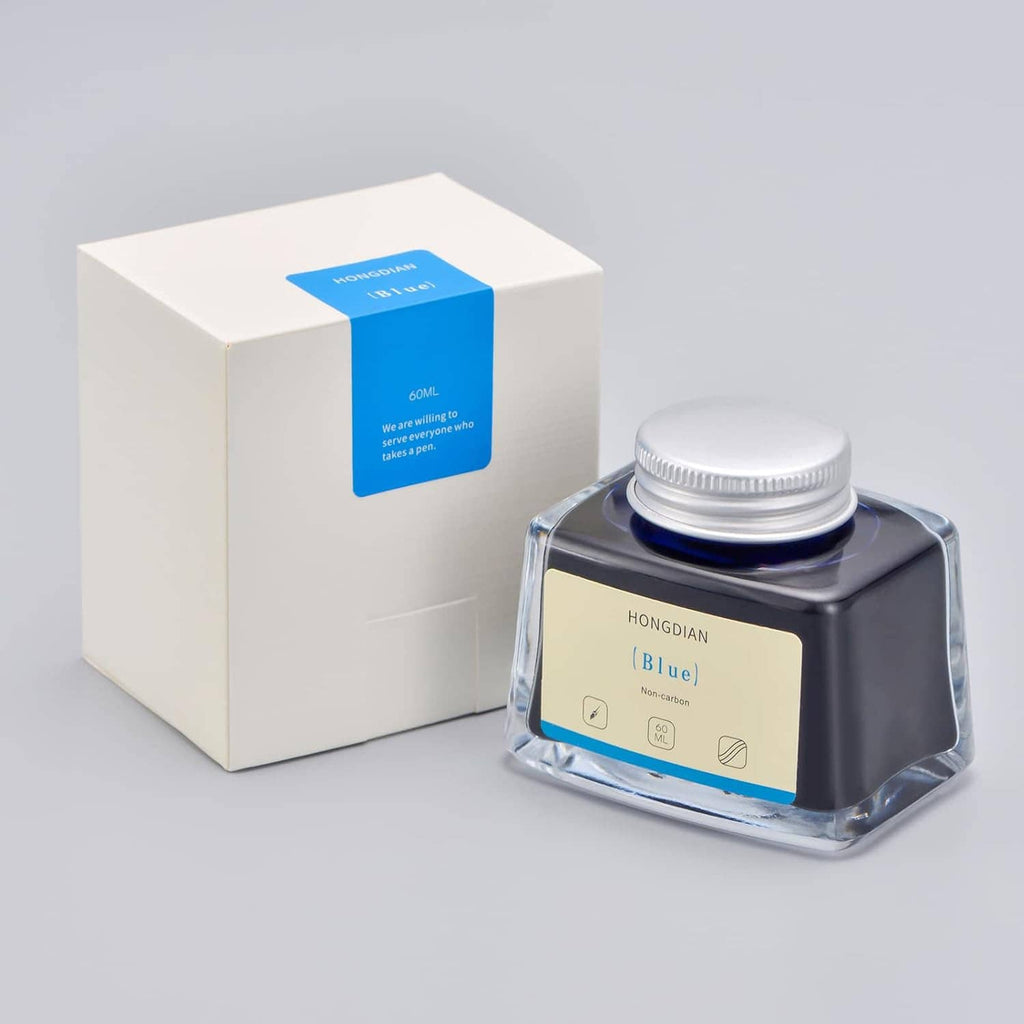 Hongdian Blue 60 ml fountain pen ink bottle with label, beside ink box