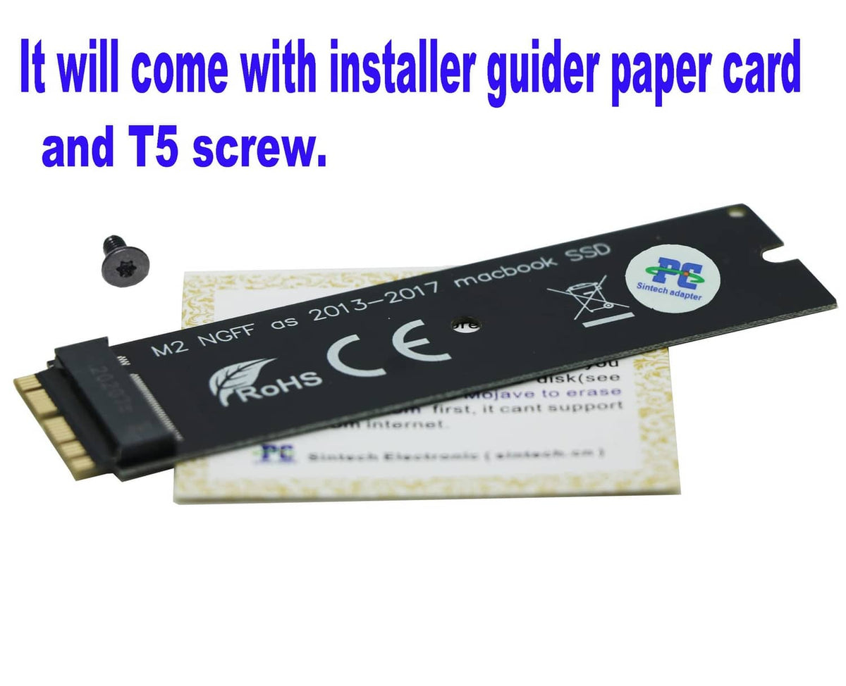 Black M.2 NGFF nVME adapter card with T5 screw and installer guide