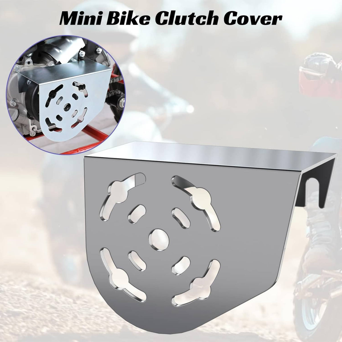Silver mini bike clutch cover chain guard with round cutout pattern and curved top