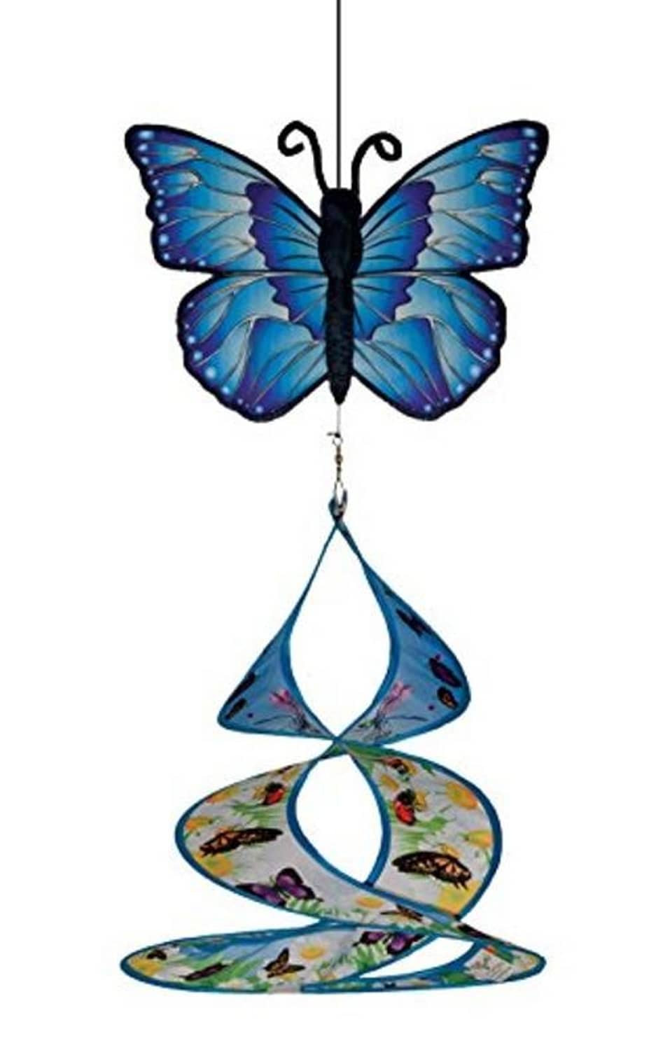 Hanging butterfly decoration with blue wings and three dangling colorful discs