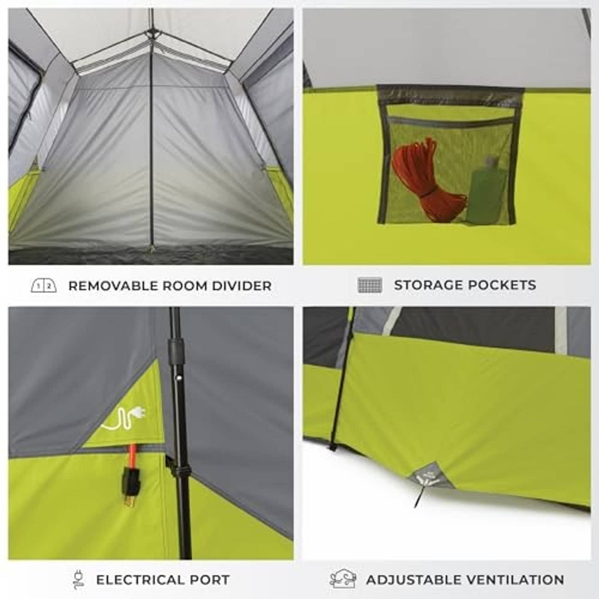 Tent features: removable room divider, storage pockets, electrical port, adjustable vents