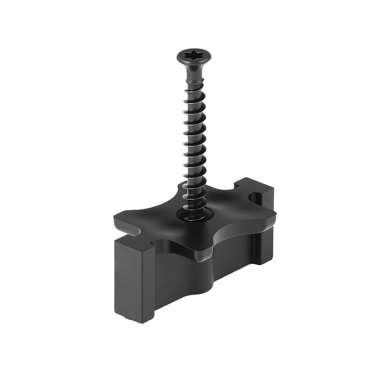 Black T-shaped decking fastener clip with long Phillips screw