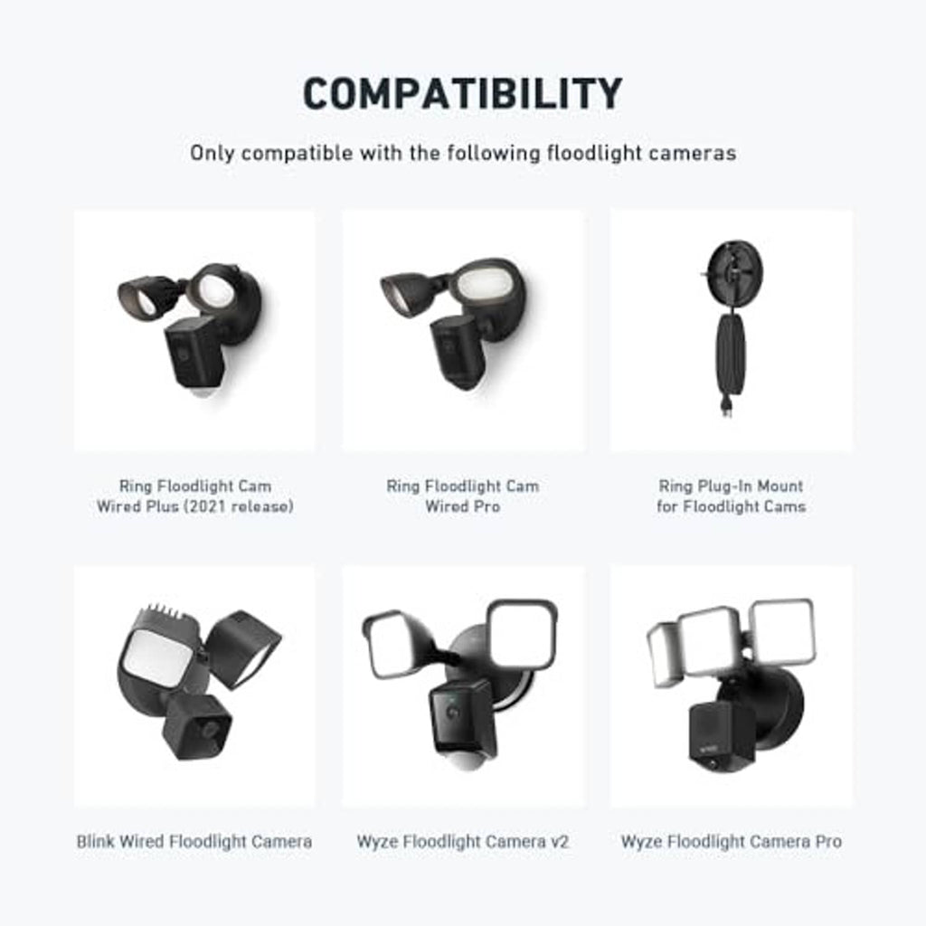 Compatibility chart showing floodlight cam models with black eave mount adapter
