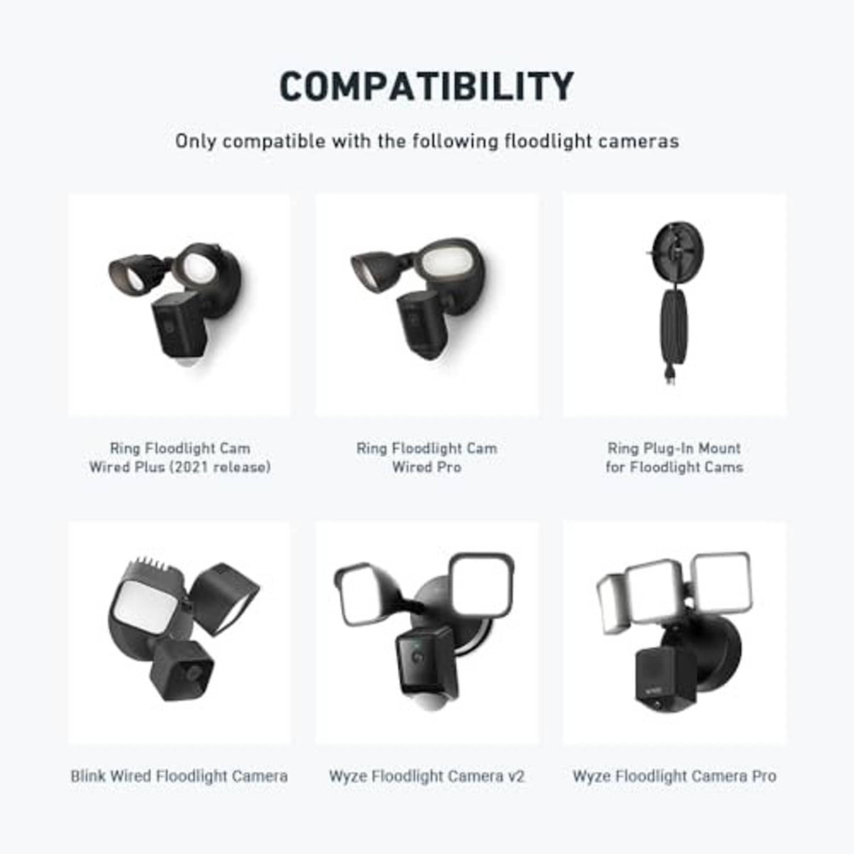 Compatibility chart showing floodlight cam models with black eave mount adapter