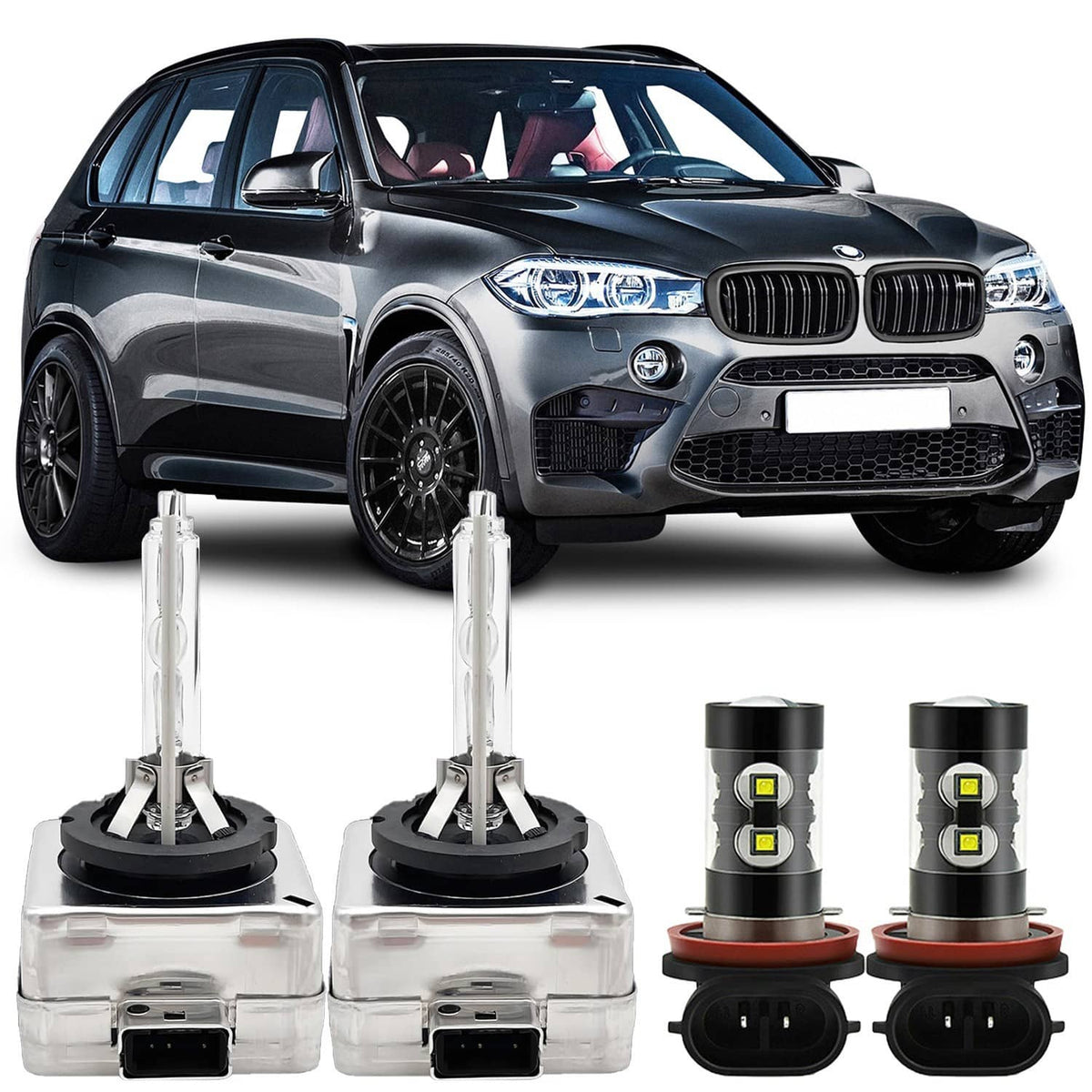 Headlight HID and LED fog light bulb set with four bulbs and black caps