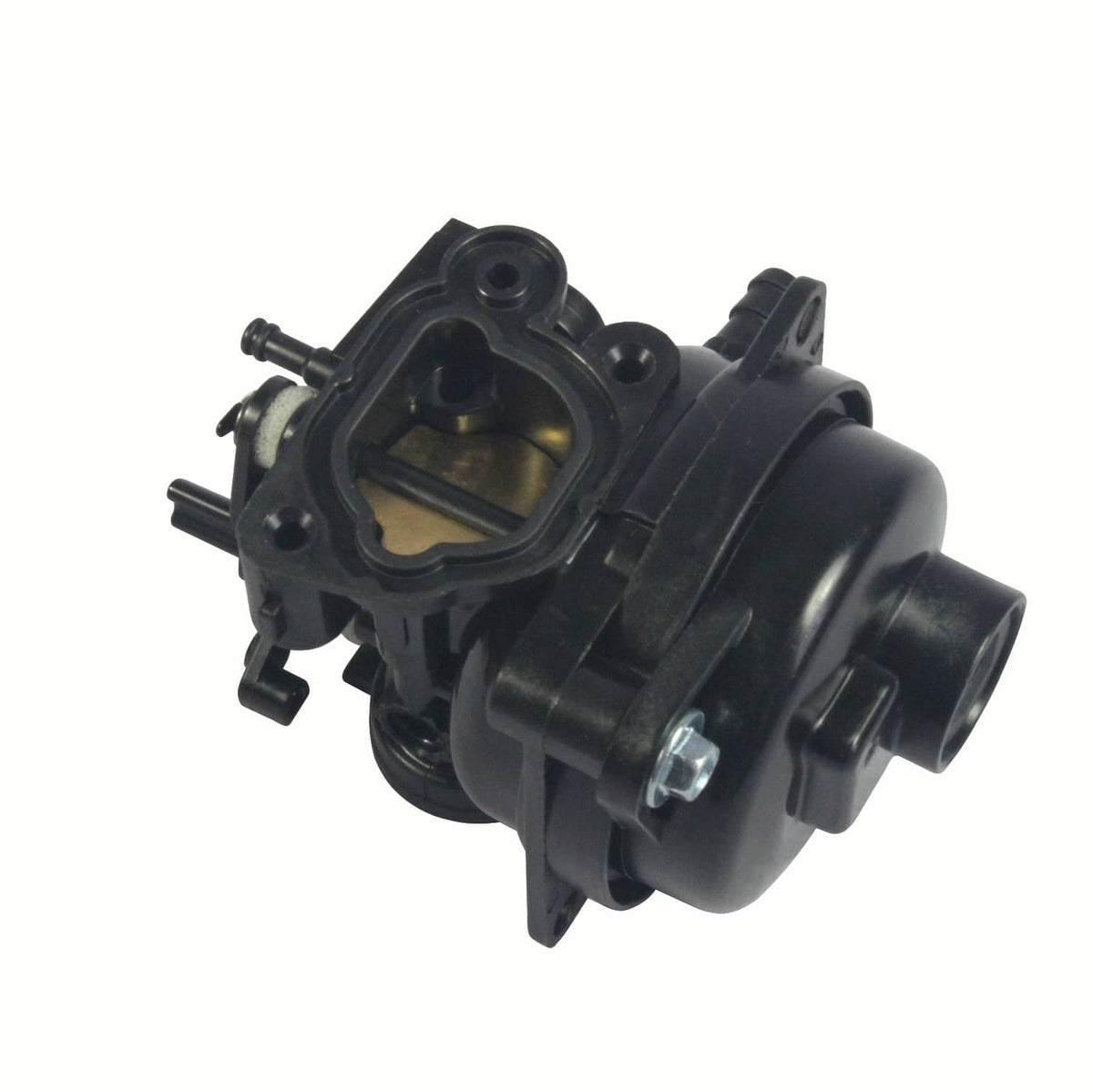 Black carburetor with square fuel chamber and side intake tube