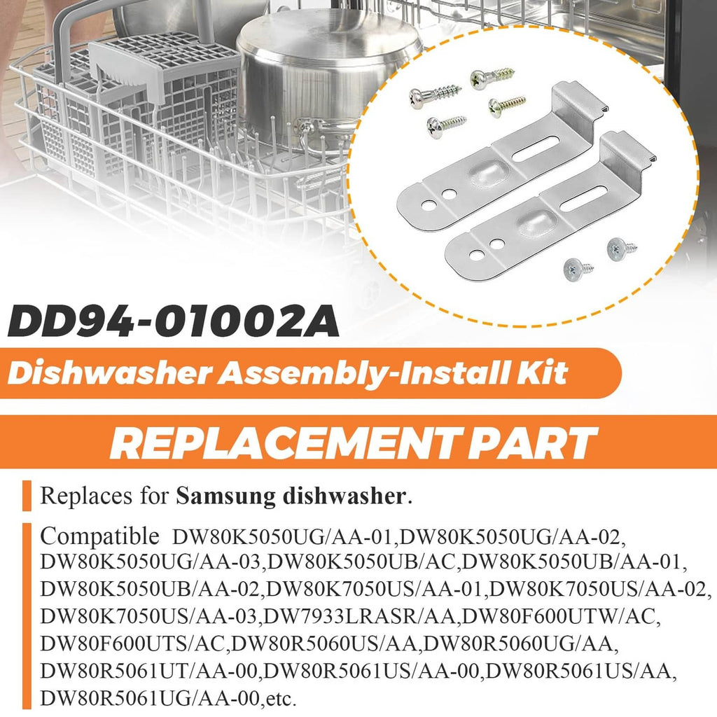 Dishwasher assembly-install kit with two silver brackets and several screws