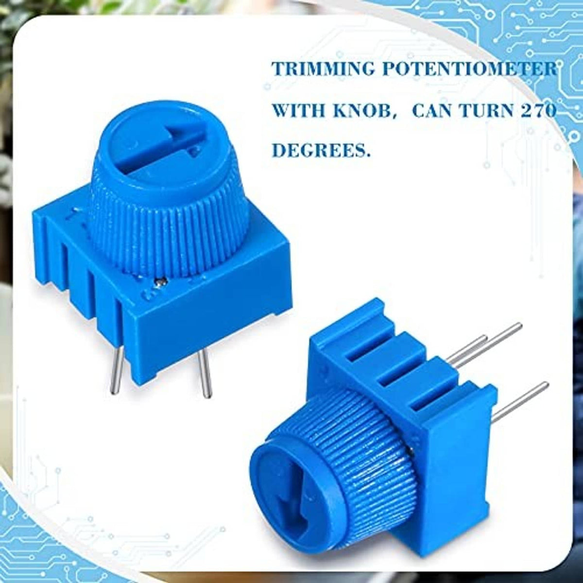 Blue trimming potentiometer with knob and three metal pins for mounting