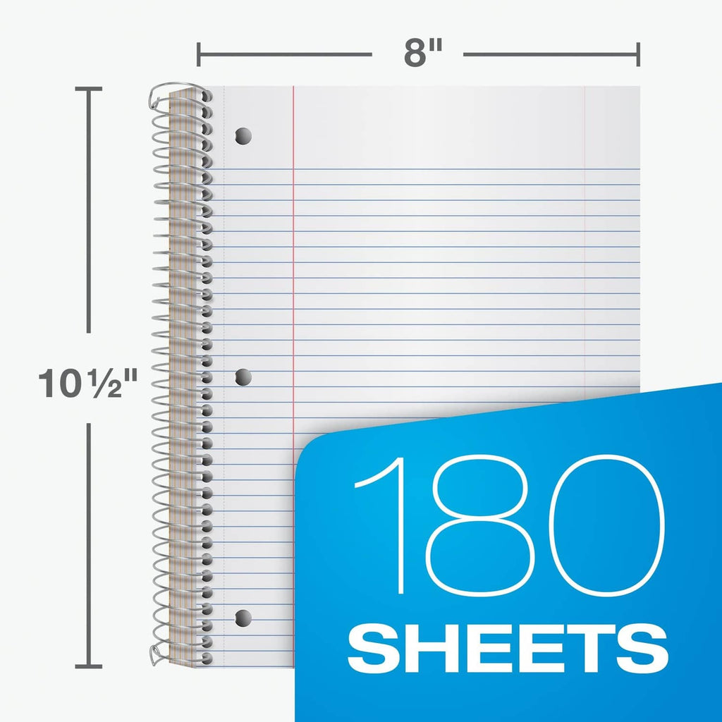Spiral notebook with blue college-ruled paper, punched holes, and 8-inch width