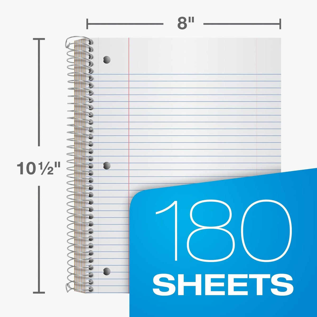 Spiral notebook with blue college-ruled paper, punched holes, and 8-inch width