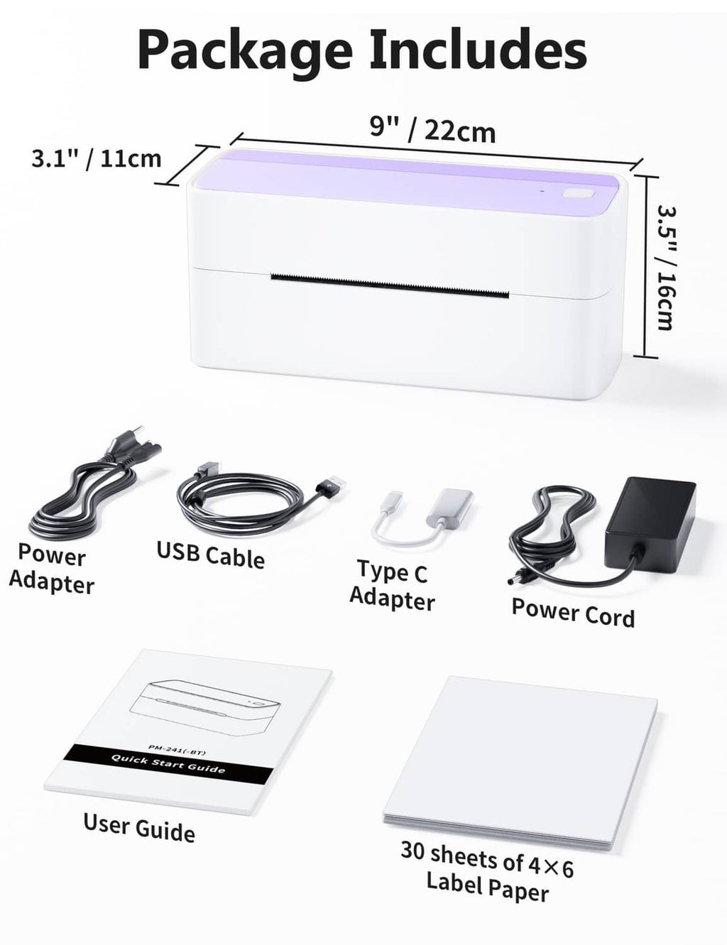 Phomemo 241BT 4x6 thermal label printer kit with power adapter and USB cables