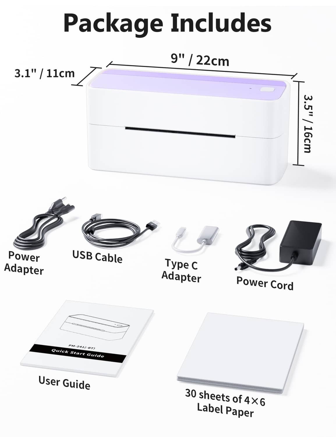Phomemo 241BT 4x6 thermal label printer kit with power adapter and USB cables