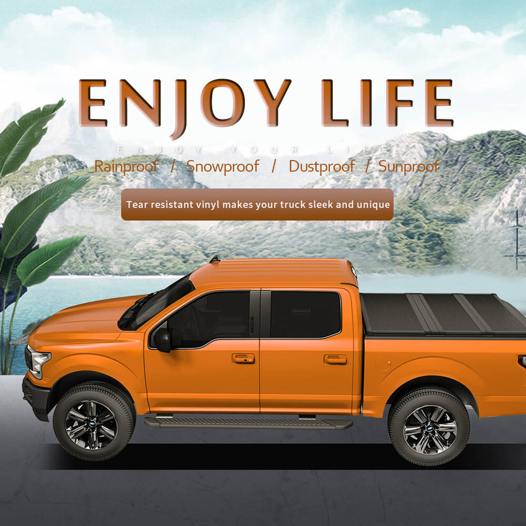 Hard tri-fold tonneau cover on orange pickup, black top panel closed over bed