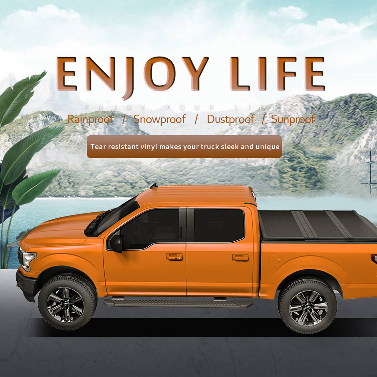 Hard tri-fold tonneau cover on orange pickup, black top panel closed over bed