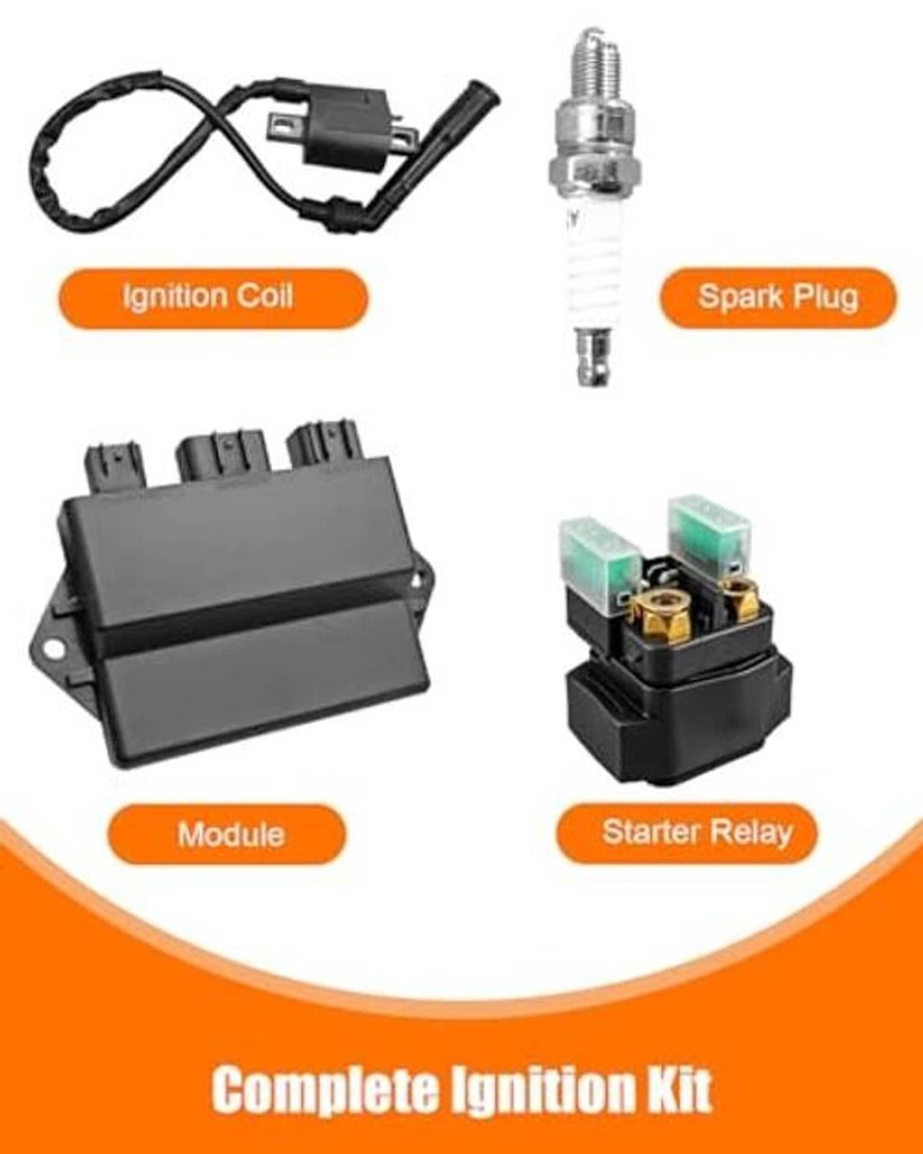 Ignition module with wiring harness and spark plug, plus starter relay unit
