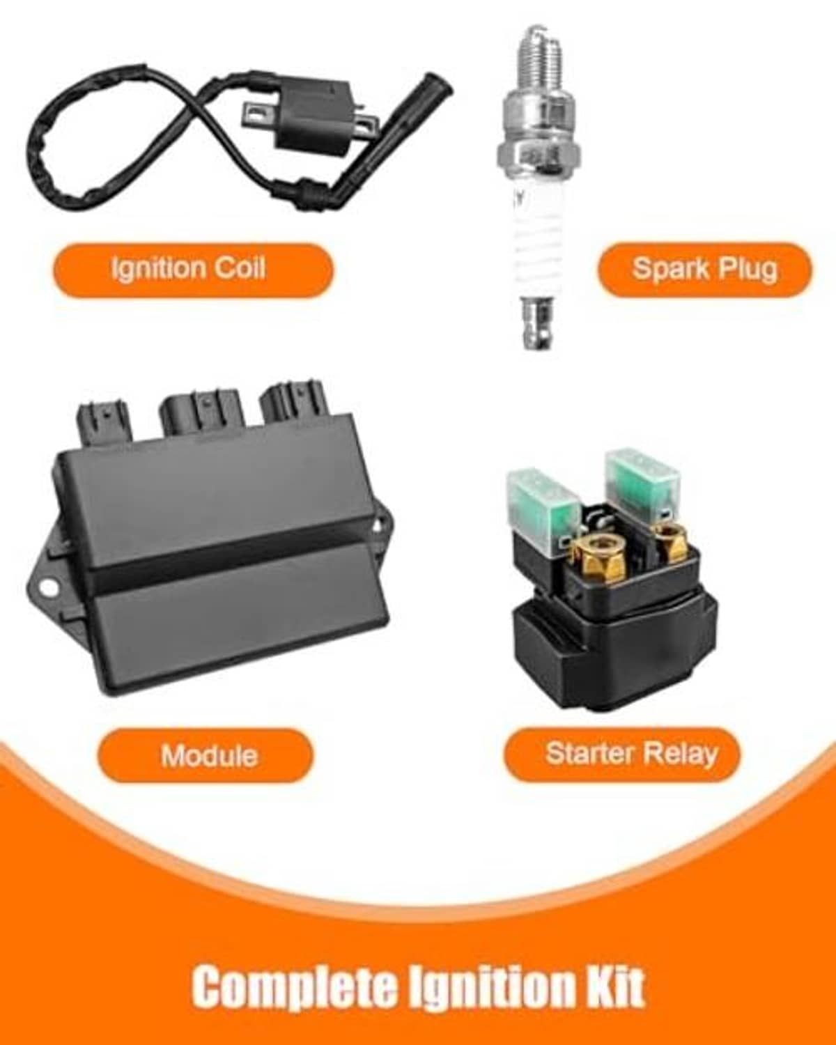 Ignition module with wiring harness and spark plug, plus starter relay unit