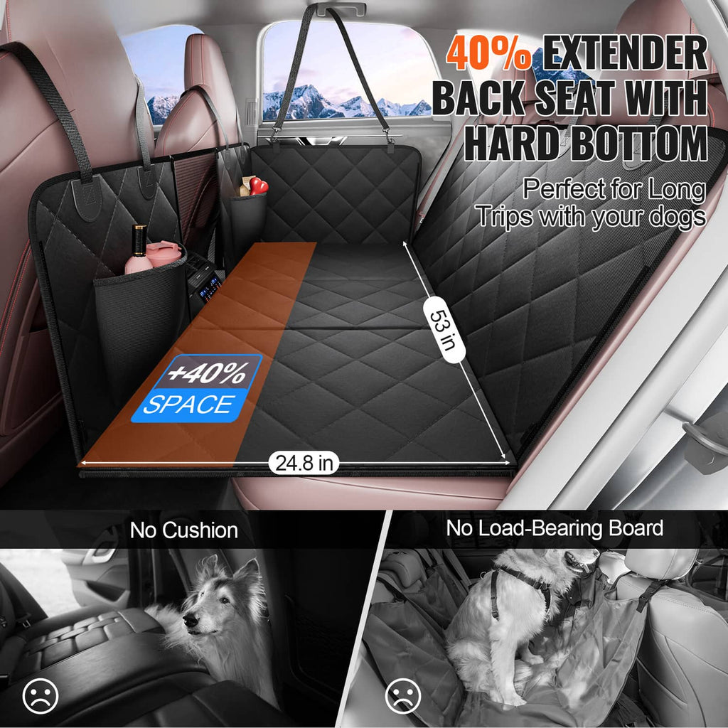 Black waterproof dog back seat cover with hard bottom and side storage pockets in car