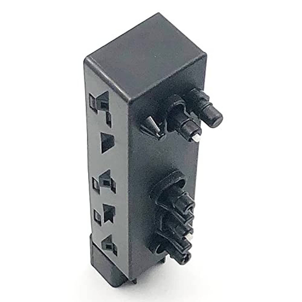 Power seat switch module, connector side with two black spring clips and port shapes