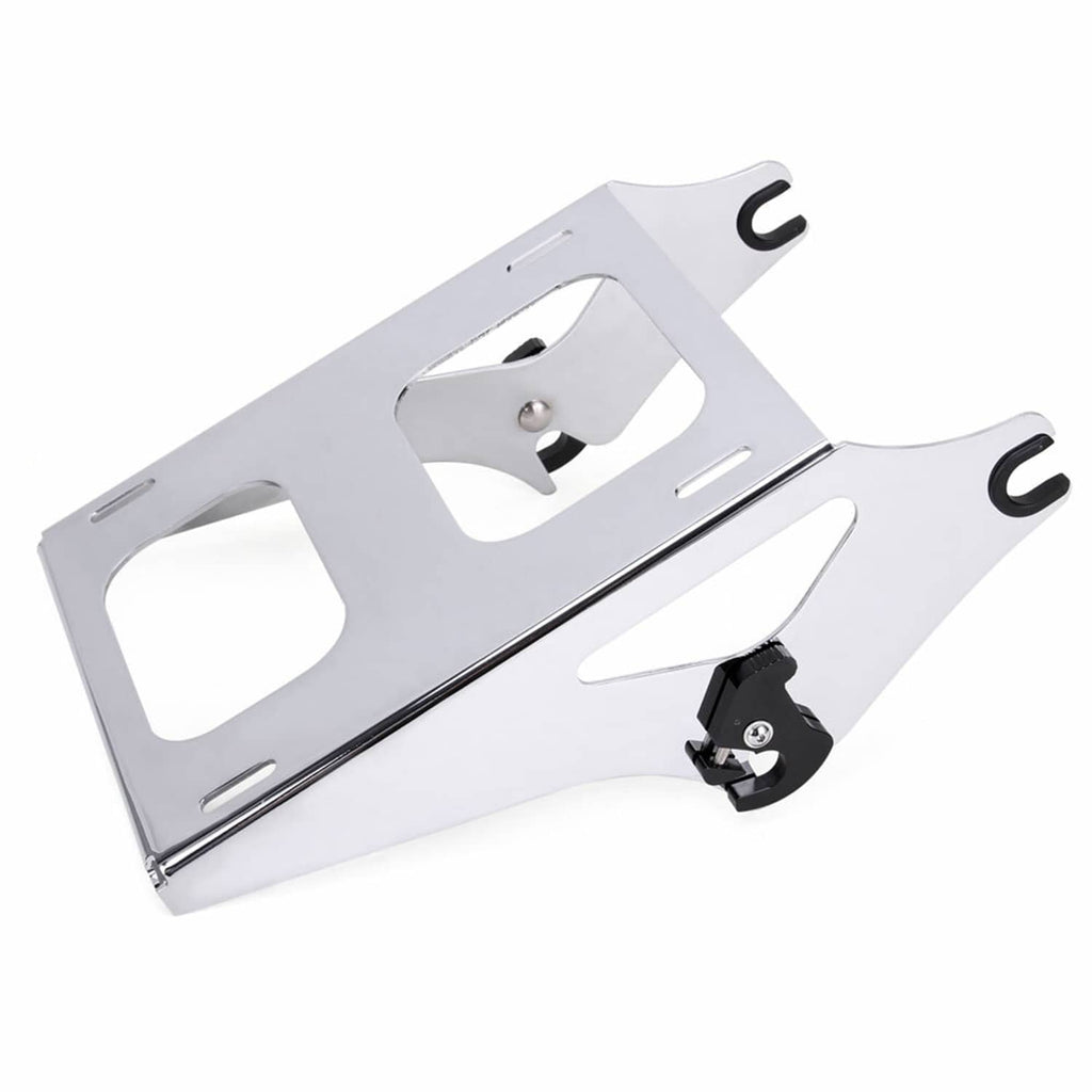 Chrome two-up luggage rack mount bracket with black latch clamp and hook ends