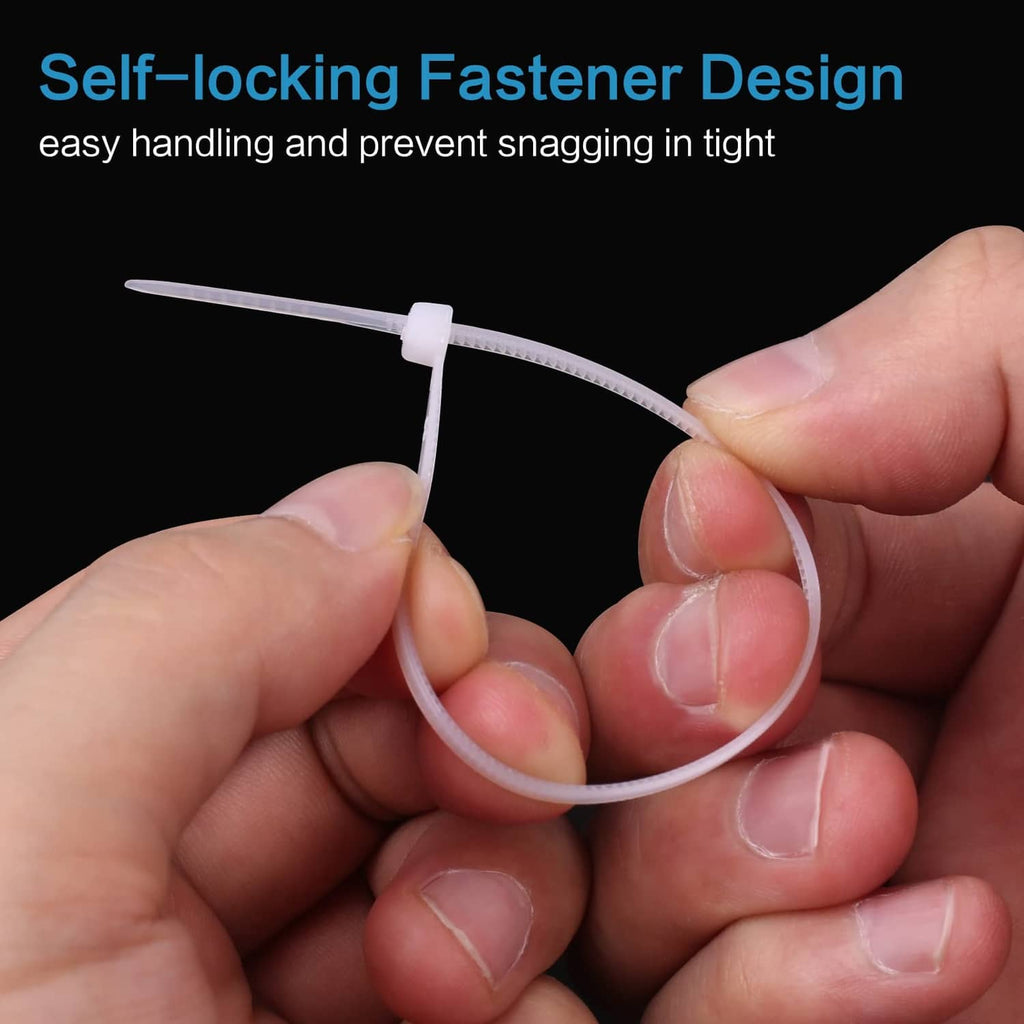 White zip tie being locked by hands, self-locking nylon