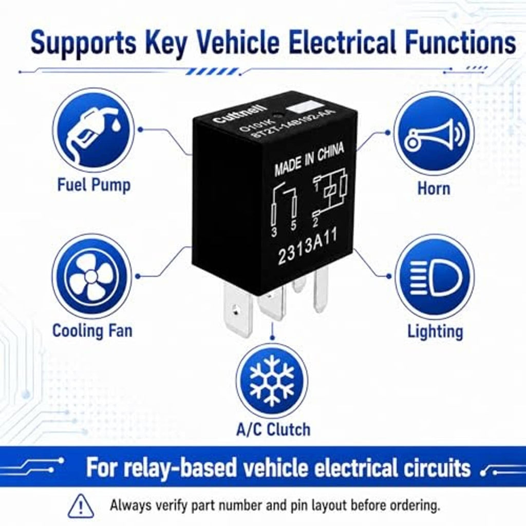 Black 4-pin automotive relay with four metal terminals, printed diagram and 2313A11