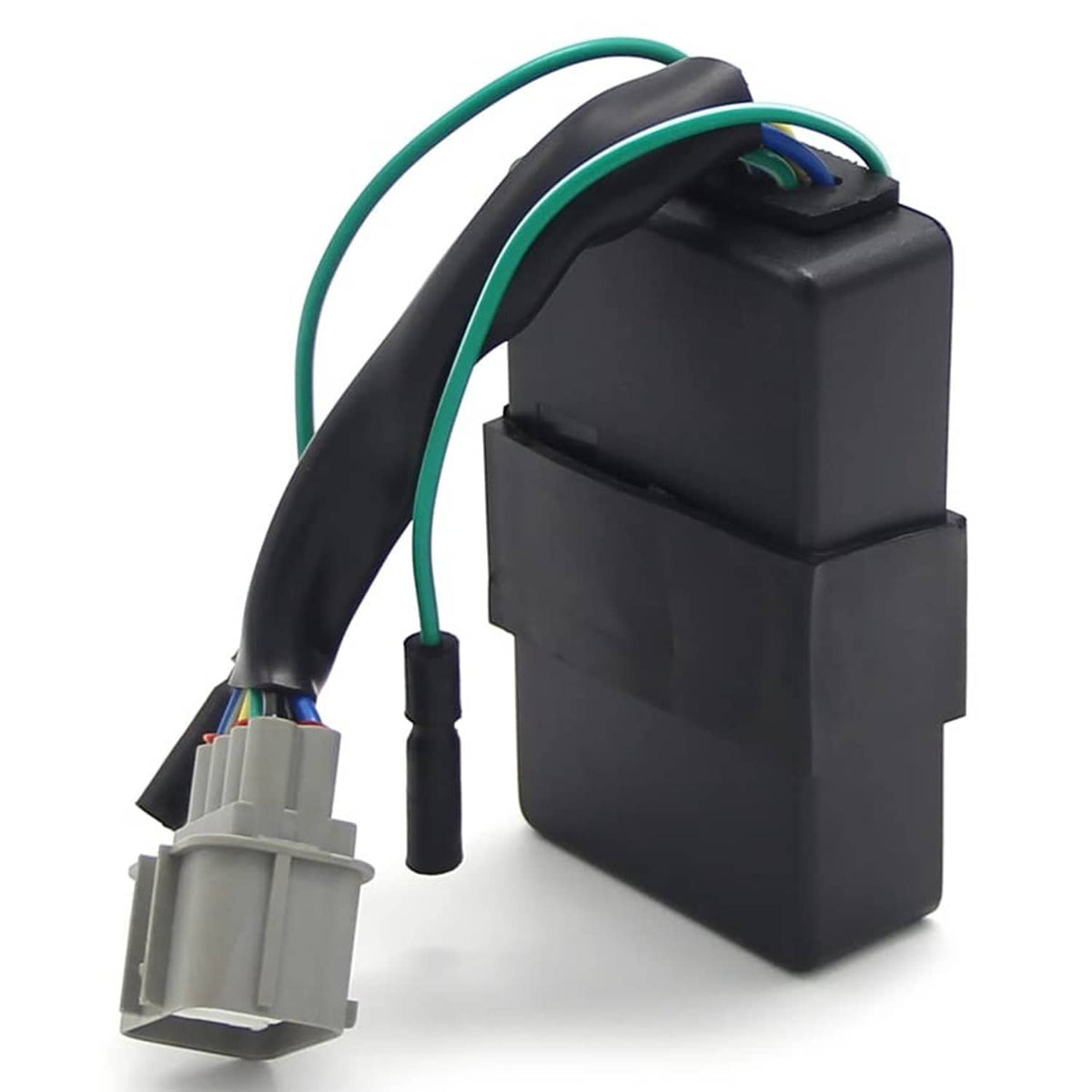 CDI ignition control module, black box with green wire leads and gray electrical connector.