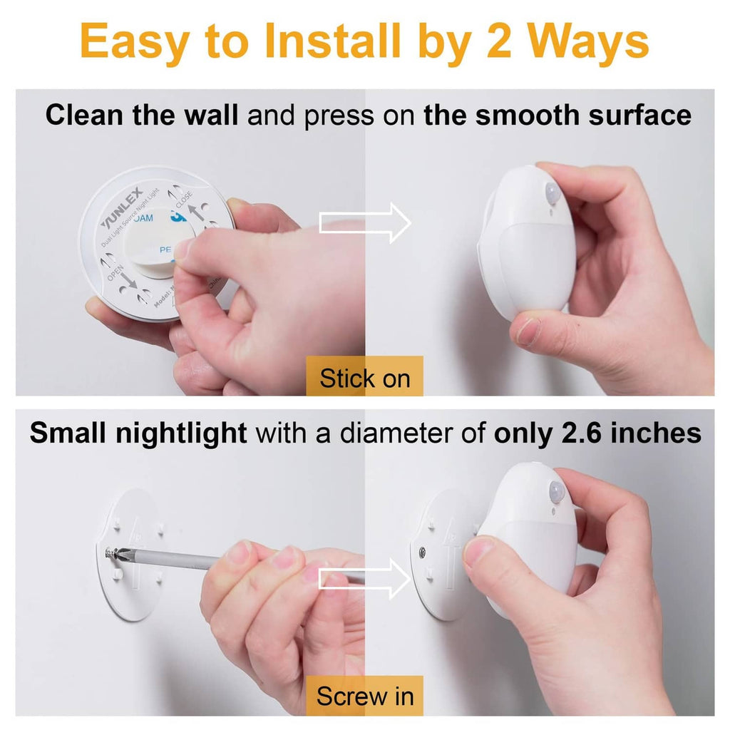 Round motion sensor night light installation by stick-on or screw-in mounting.