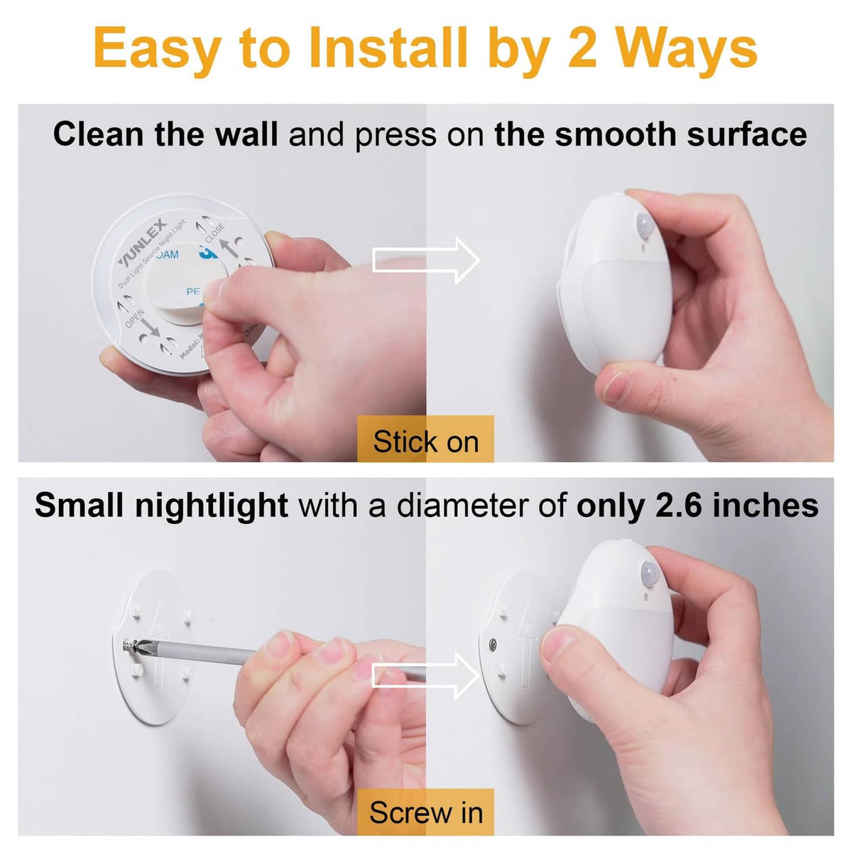 Round motion sensor night light installation by stick-on or screw-in mounting.