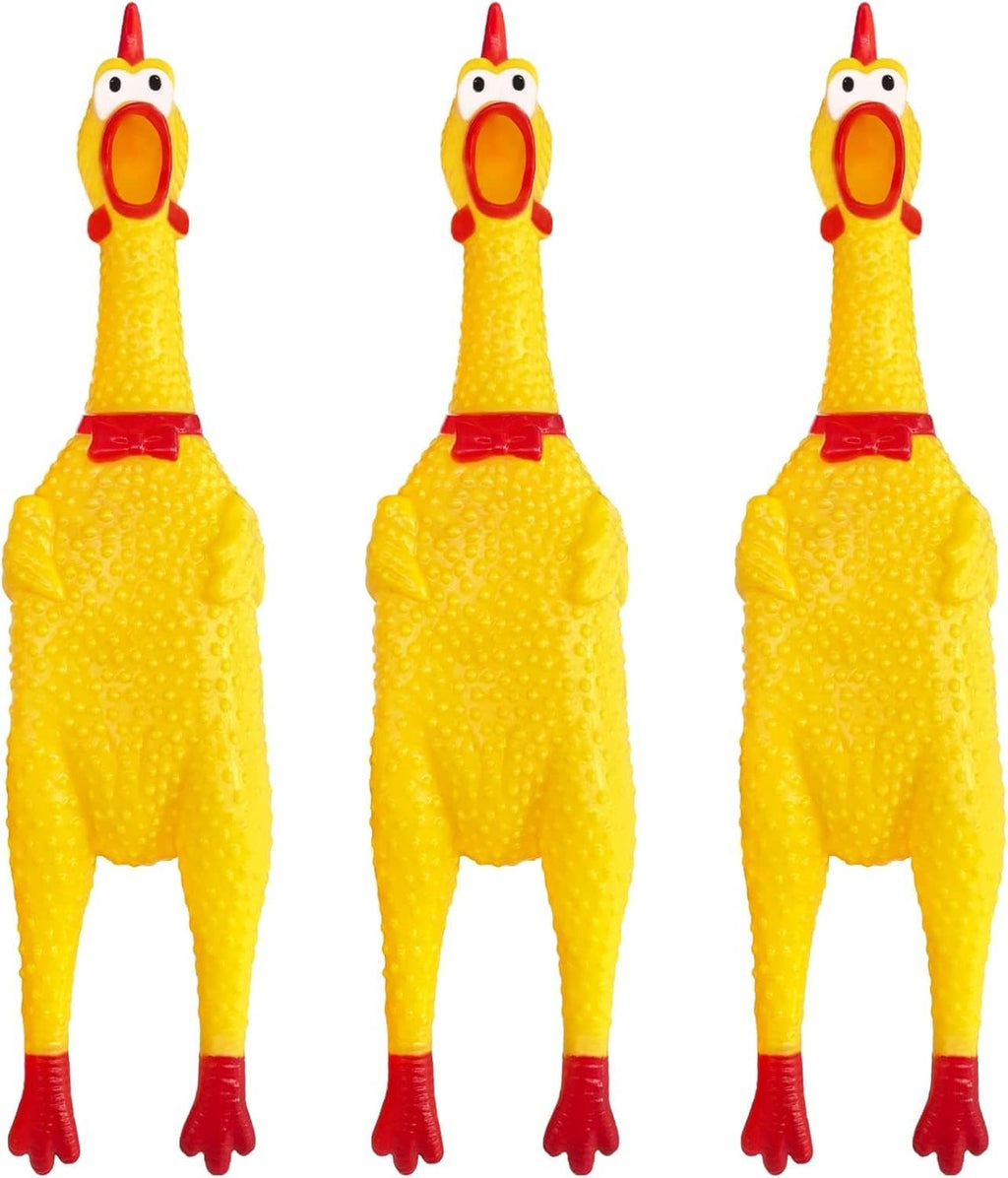 Yellow rubber squeaky chicken toy with red beak and comb, 12 inch, 3-pack