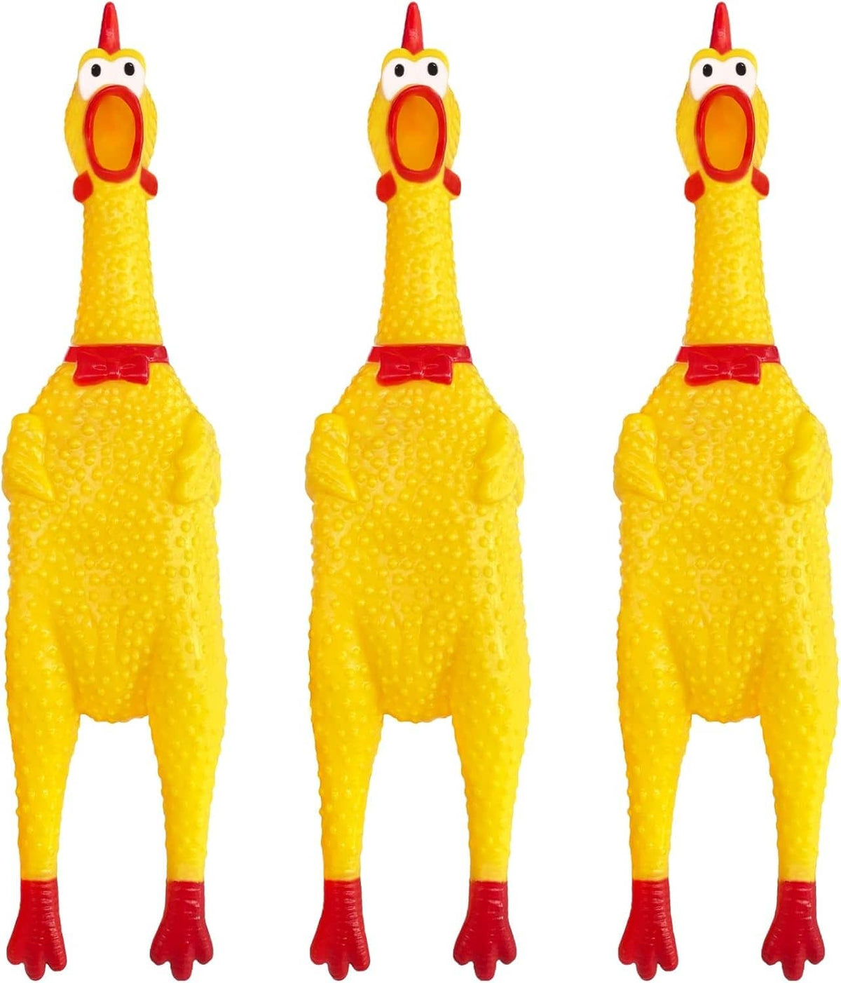 Yellow rubber squeaky chicken toy with red beak and comb, 12 inch, 3-pack