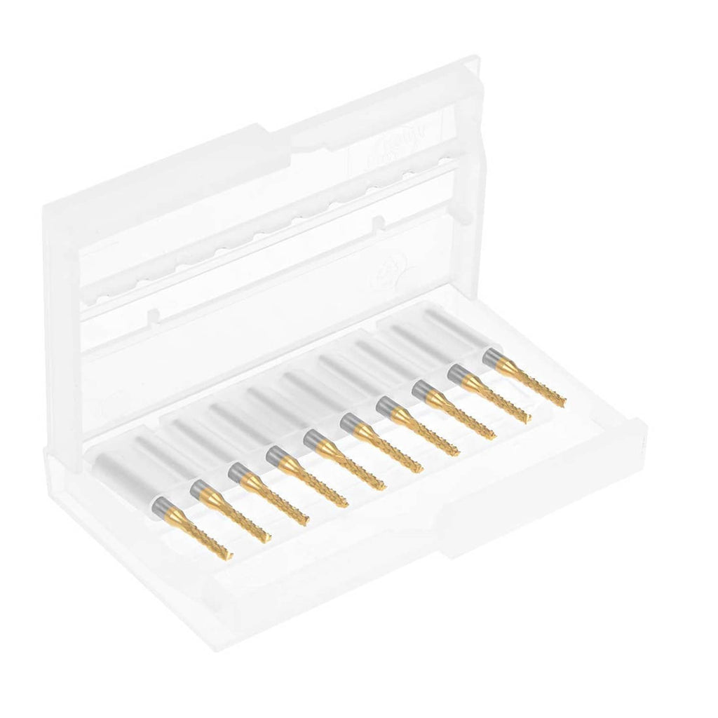 Titanium-coated carbide end mill set in clear storage case, showing 10 gold bits