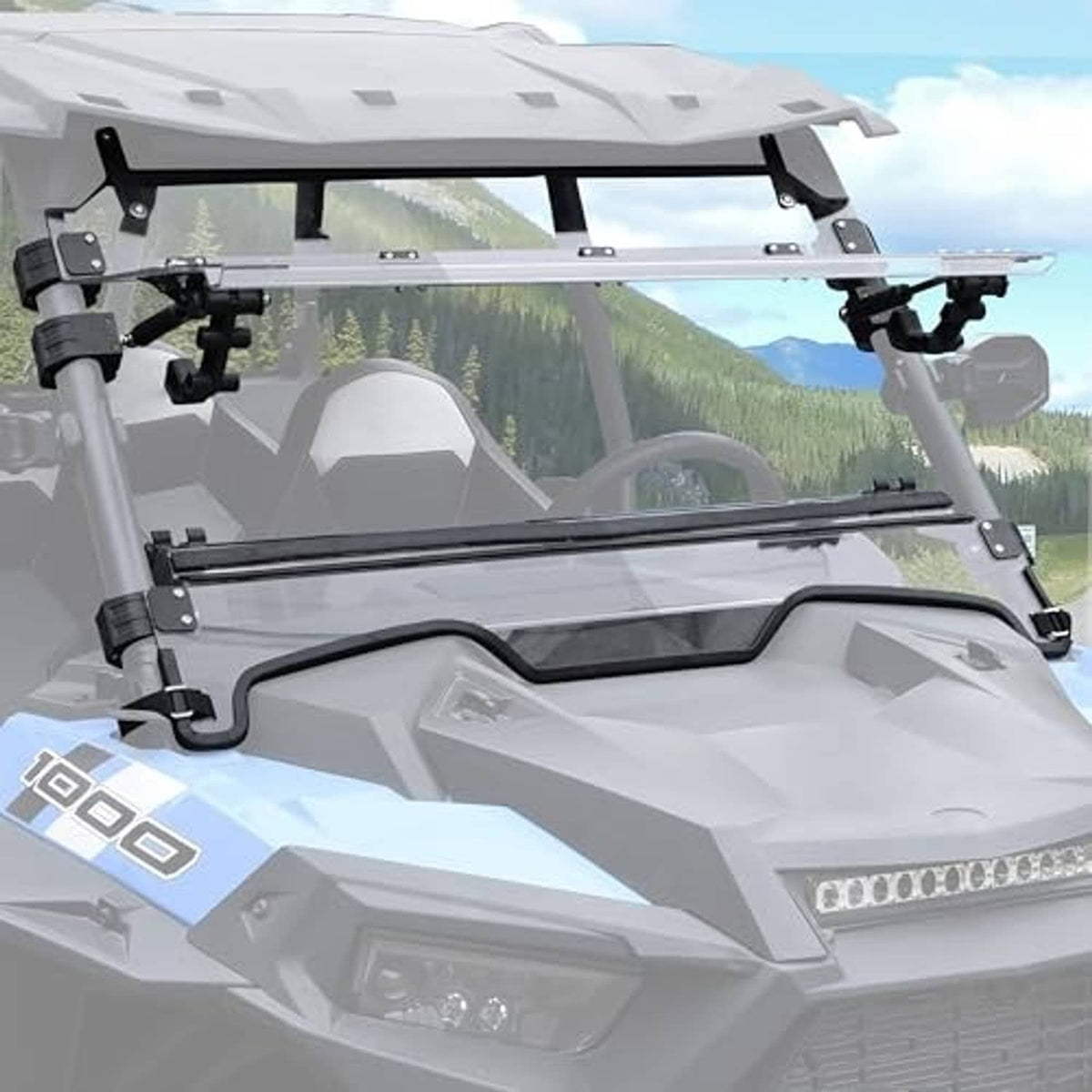 Flip-up windshield with black brackets mounted on a Polaris RZR XP/XP4