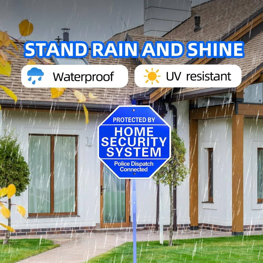 Blue octagon yard security sign on stake in rain, 'PROTECTED BY HOME SECURITY SYSTEM'