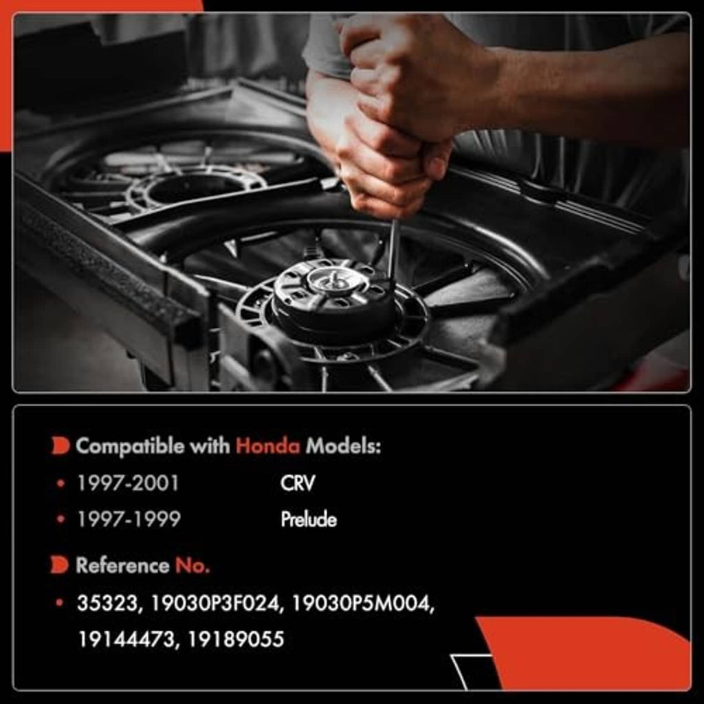 Radiator fan motor installed in engine bay with technician hands near the fan housing