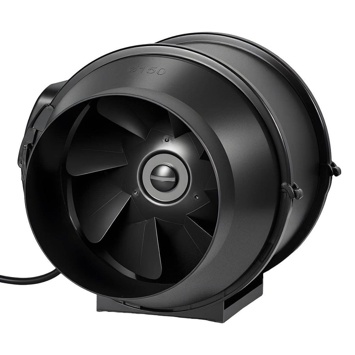 Black inline ventilation fan with circular grille and motor housing front view