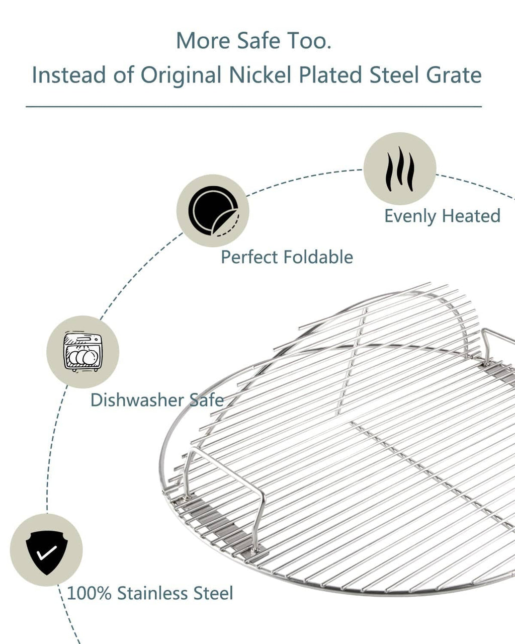 Stainless steel cooking grate with hinged, fold-flat design for easy storage