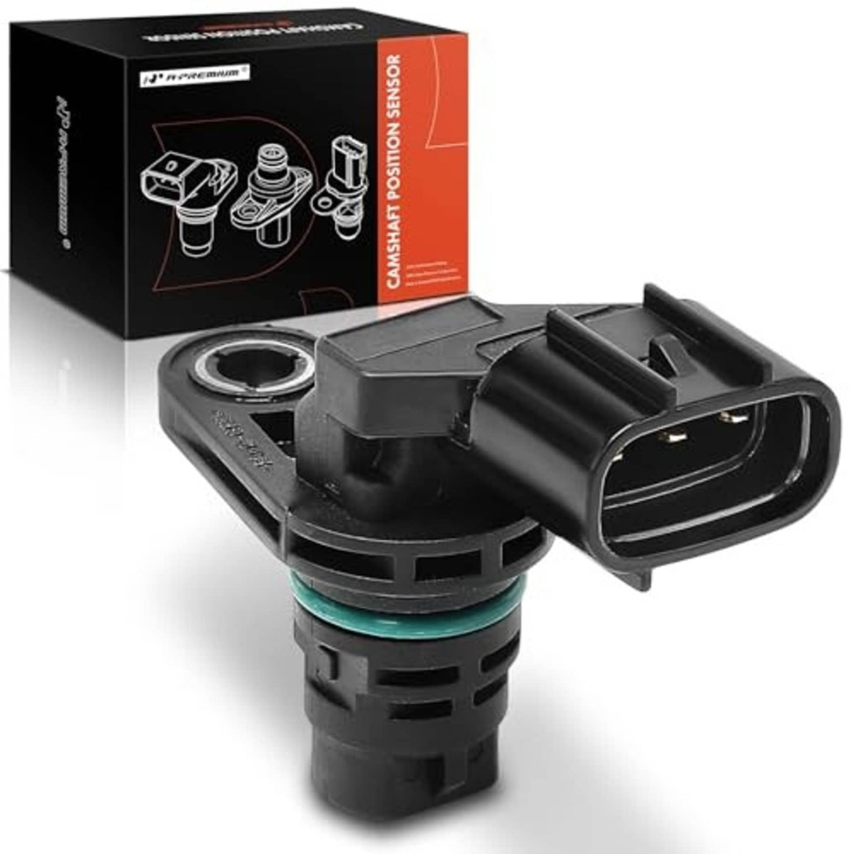 Camshaft position sensor with black plug and teal O-ring, product view.