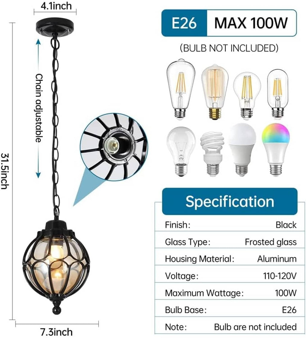 Outdoor pendant light with adjustable chain, black housing, and lantern glass shade