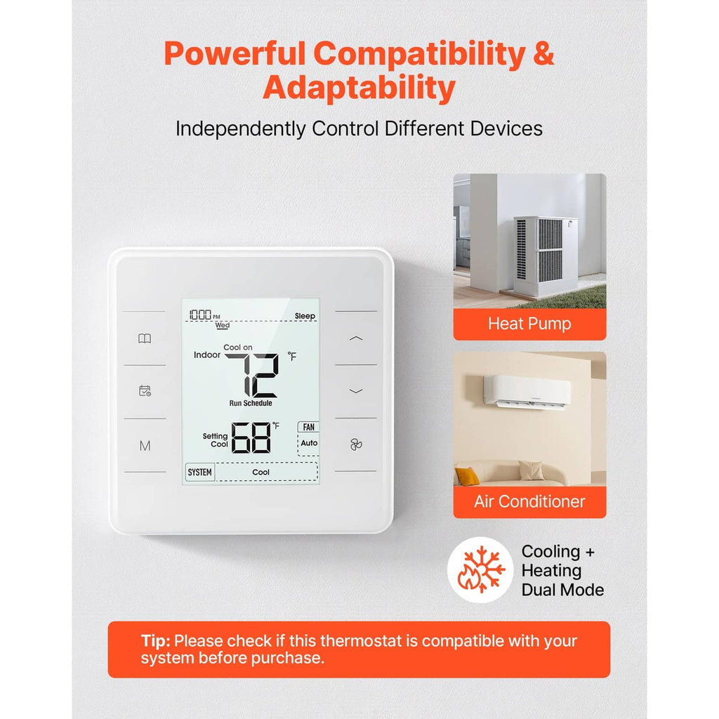 Programmable thermostat with heat pump and air conditioner control compatibility layout