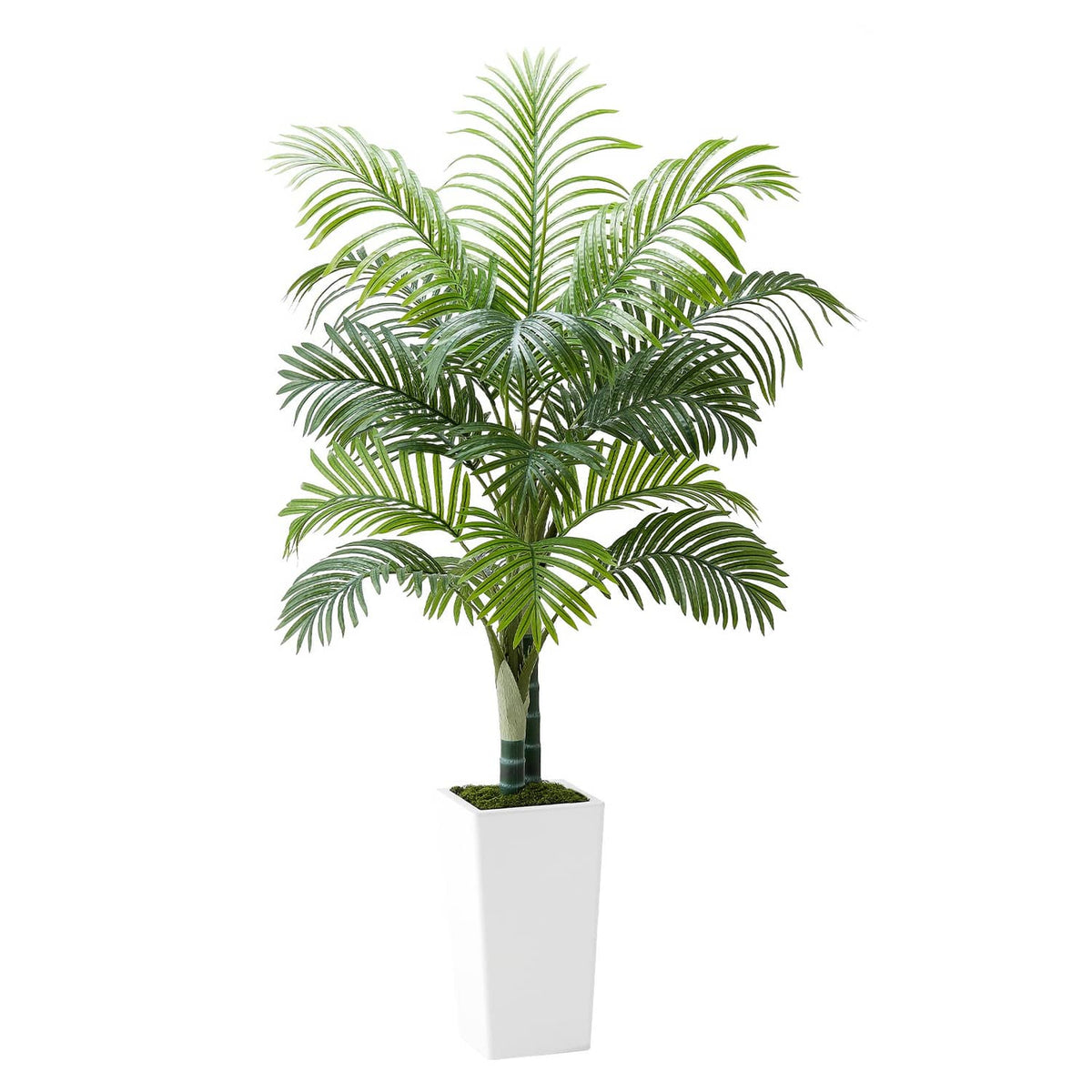 Front view faux areca palm tree with green fronds in a white pot