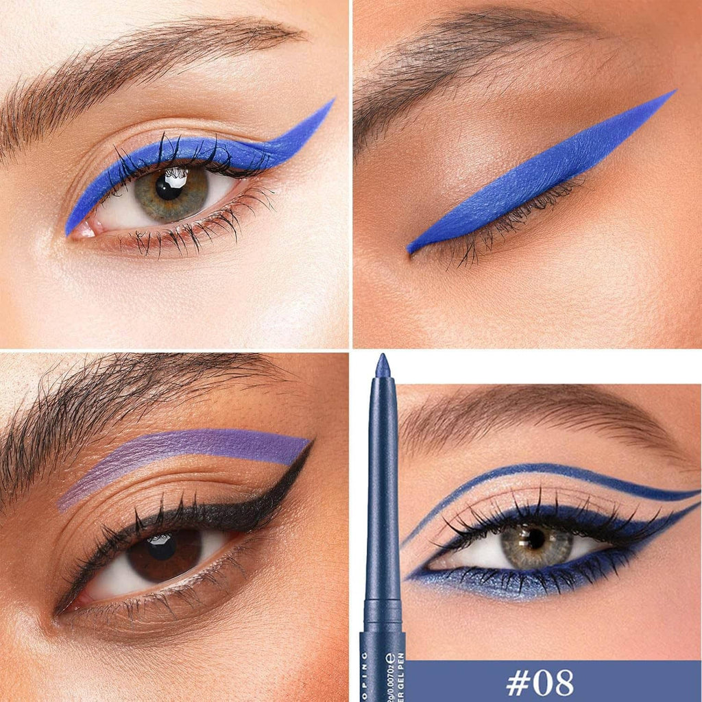 Blue winged eyeliner on eye with clean sharp line and pencil tip visible