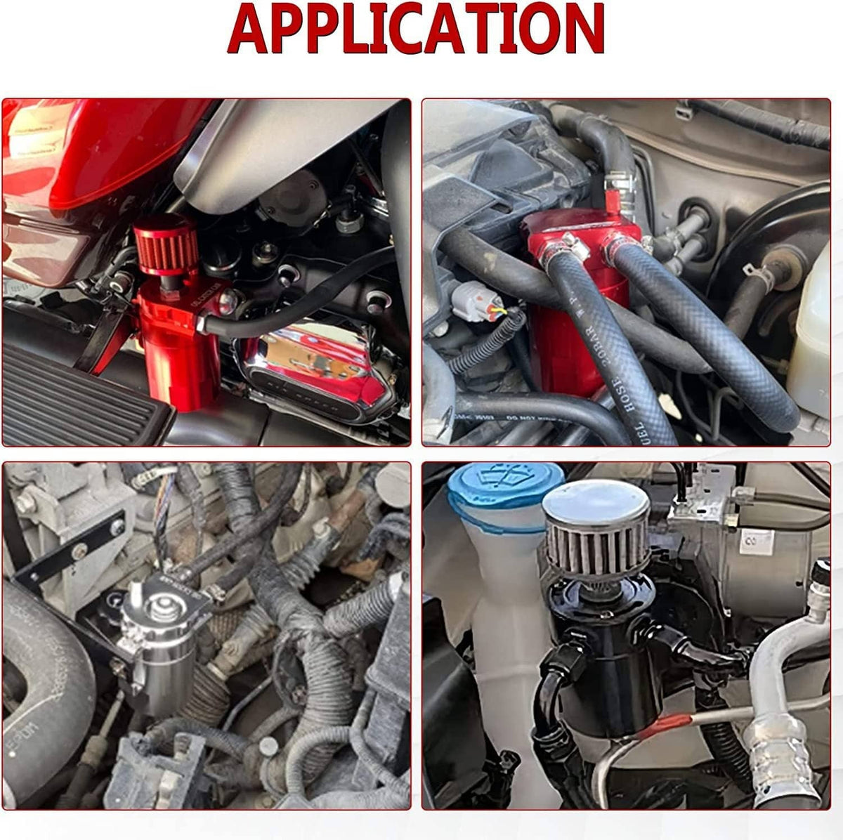 Oil catch can installed in engine bay with black reservoir tank and breather filter
